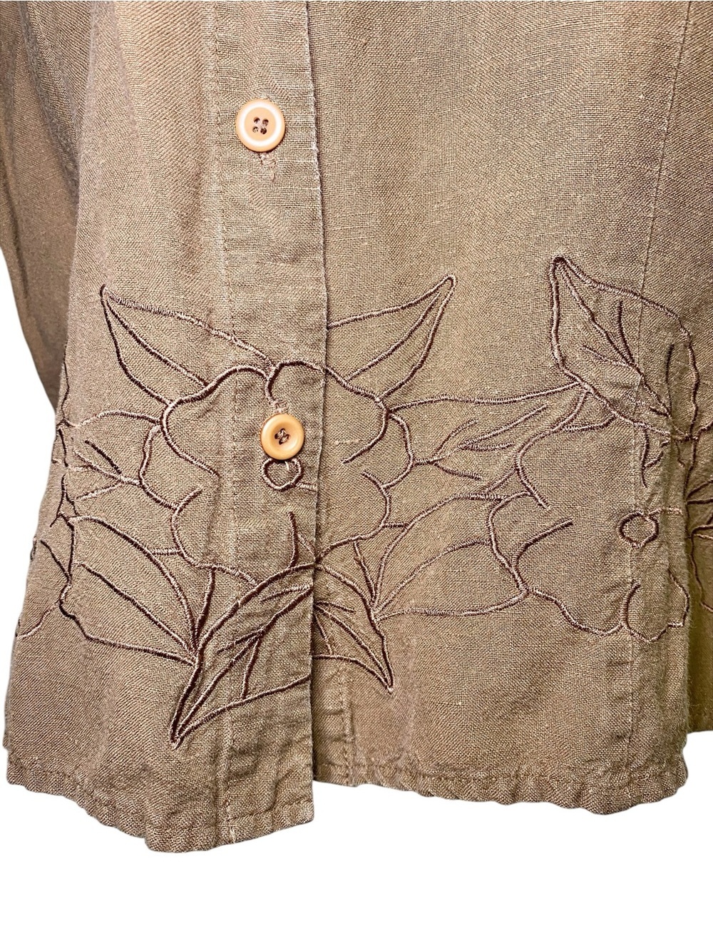 Norton McNaughton Y2K Earthy Linen Blend Floral Embroidered Button-Down Top - Picture 5 of 13